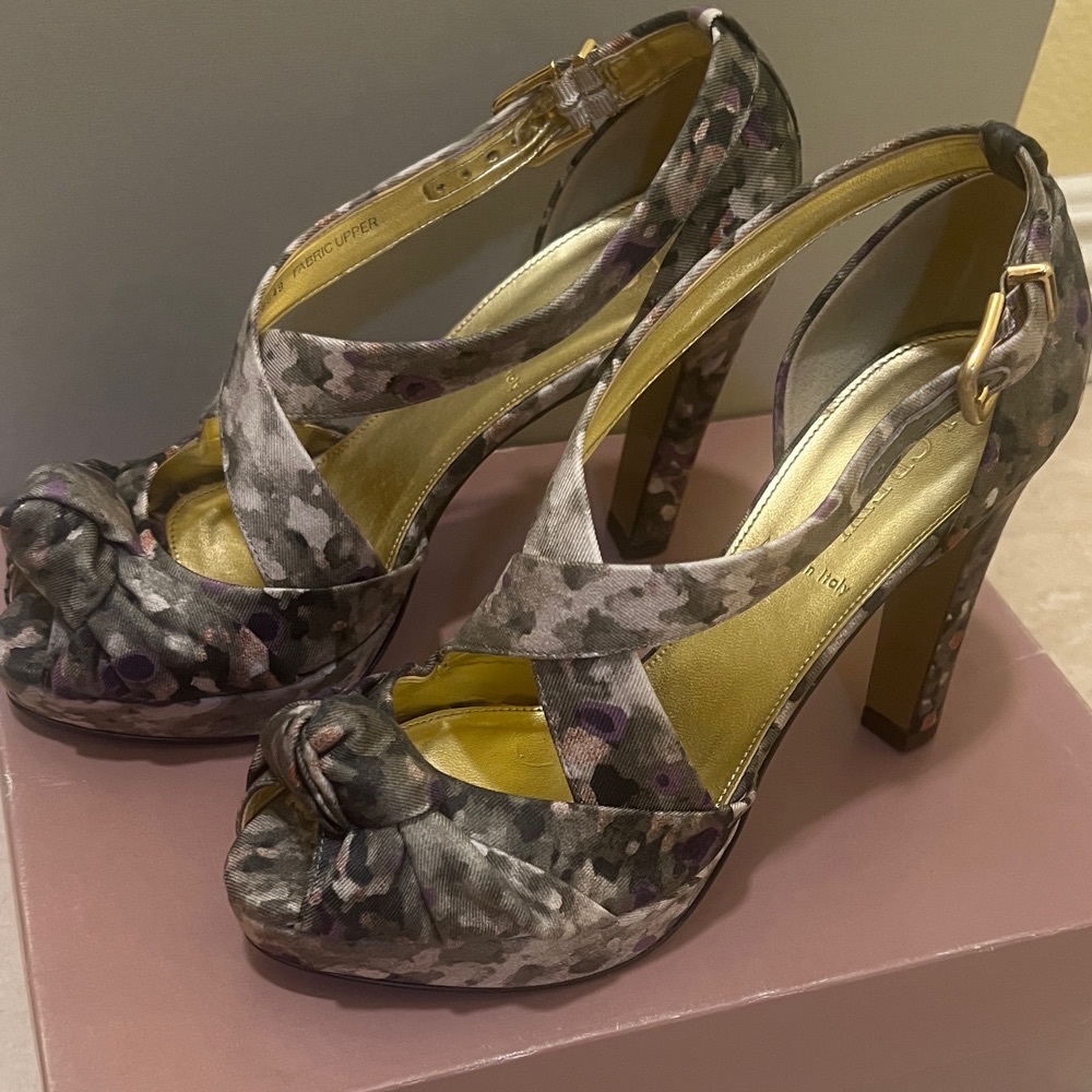 J. Crew Love-me-knot printed platform heels.